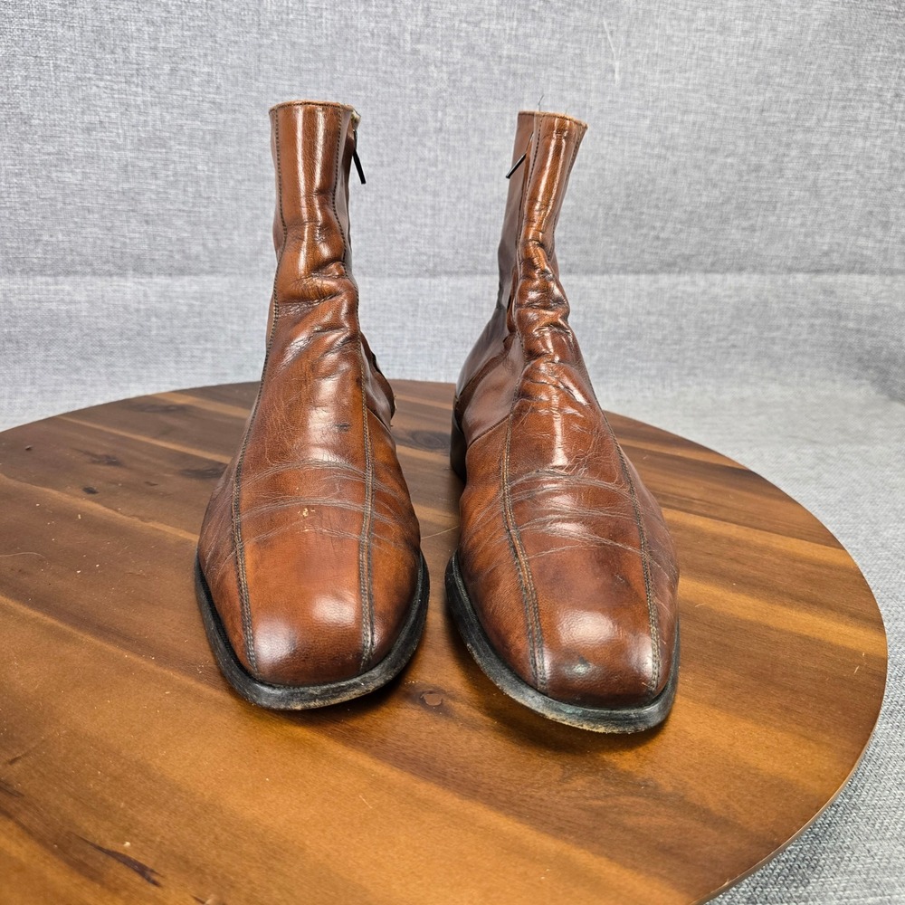 Vintage Mens Brown Leather Side Zip Square Toe Ankle Boots Size 11 D 93164 CI - Picture 13 of 14